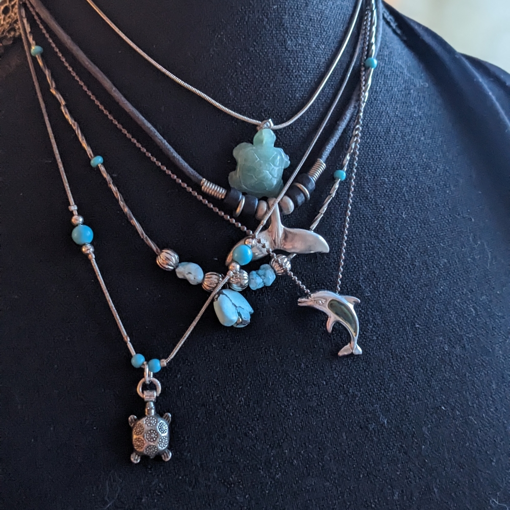 Silver and Turquoise Dolphin and Turtle Necklace Set